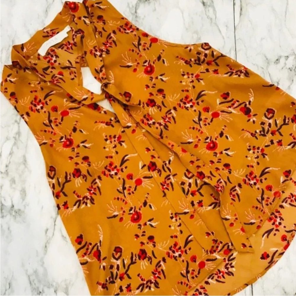 ASTR the Label Tie Neck Floral Mustard Yellow Floral Top